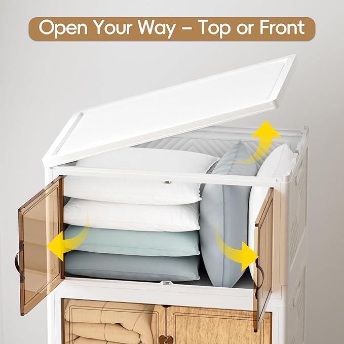JEKO&JEKO 247Qt Stackable Storage Bins with Lids and Wheels, Foldable Collapsible Plastic Drawer Boxes for Clothes, Home, White, 4 Pack