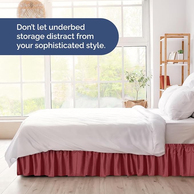 Wrap Around Dust Ruffle Bed Skirt - Burgundy - for King Size Beds with 18 Inch Drop - Easy Fit Elastic Strap - Adjustable Pleated Bedskirt w/Brushed Fabric Wrinkle Free - for Women, Men, Kids & Teens