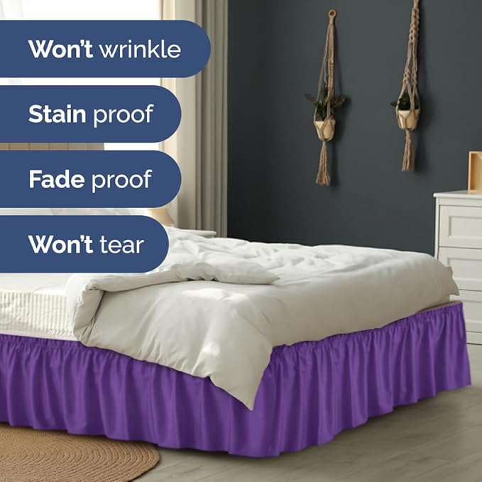 Wrap Around Dust Ruffle Bed Skirt - Purple - for Queen Size Beds with 18 Inch Drop - Easy Fit Elastic Strap - Adjustable Pleated Bedskirt w/Brushed Fabric Wrinkle Free - for Women, Men, Kids & Teens