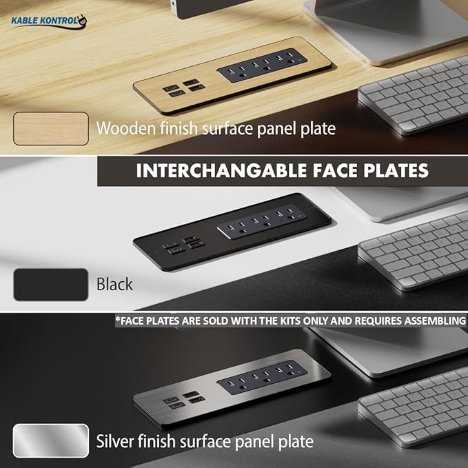 Kable Kontrol Recessed Power Strip Kit with Fast Charging 2 PD65W USB-C Ports, 2 USB-A ports, 3 Power Desk Outlets, Replaceable Wooden Finish Panel Plate Flush Mount Furniture Charging Station Grommet