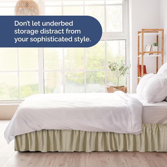 Wrap Around Dust Ruffle Bed Skirt - Beige - for Queen Size Beds with 12 Inch Drop - Easy Fit Elastic Strap - Adjustable Pleated Bedskirt w/Brushed Fabric - Wrinkle Free - for Women, Men, Kids & Teens
