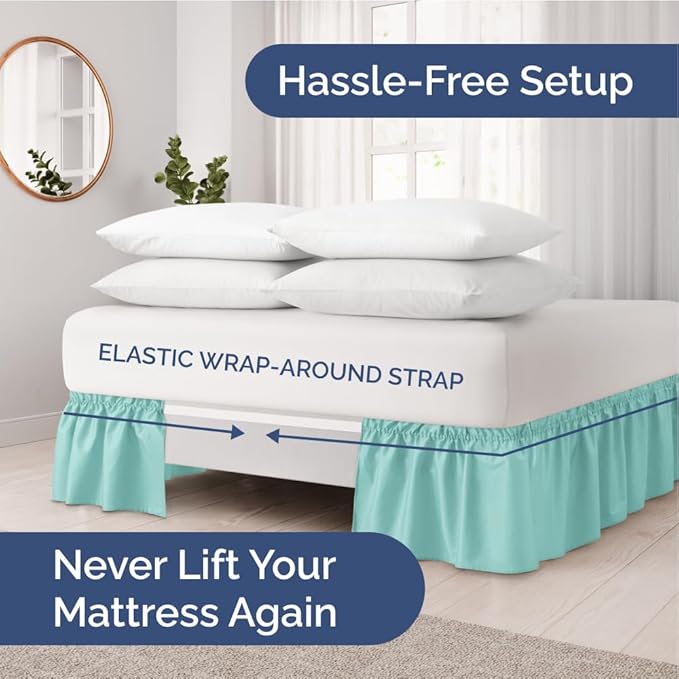 Wrap Around Dust Ruffle Bed Skirt - Spa Blue - for Queen Size Beds with 15 Inch Drop - Elastic Strap - Adjustable Pleated Bedskirt with Brushed Fabric and Wrinkle Free - for Women, Men, Kids & Teens