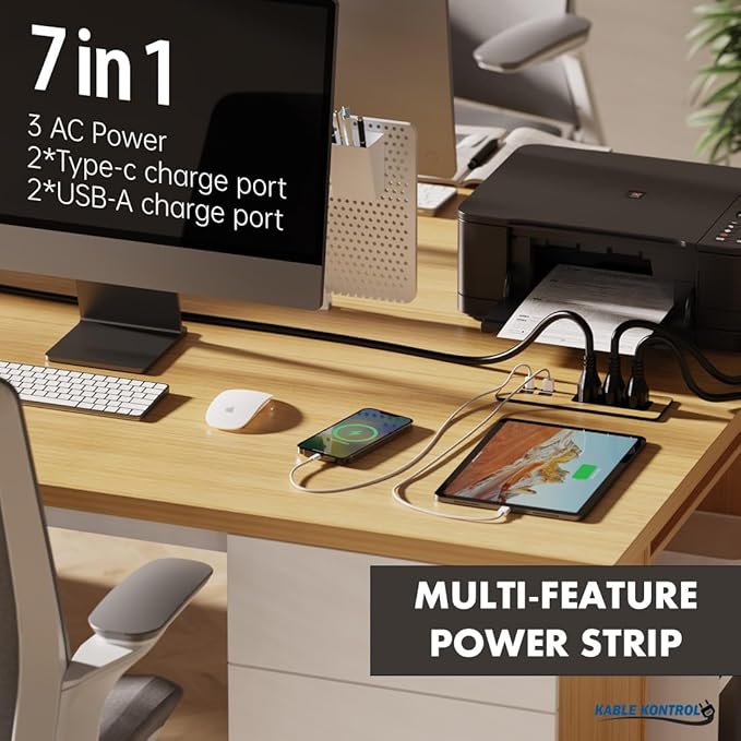 Kable Kontrol Recessed Power Strip with Fast Charging 2 PD65W USB-C Ports, 2 USB-A Ports, 3 Power Desk Outlets, Flush Mount Furniture Charging Station Grommet for Side Table, End Table - Black, 20 Pcs