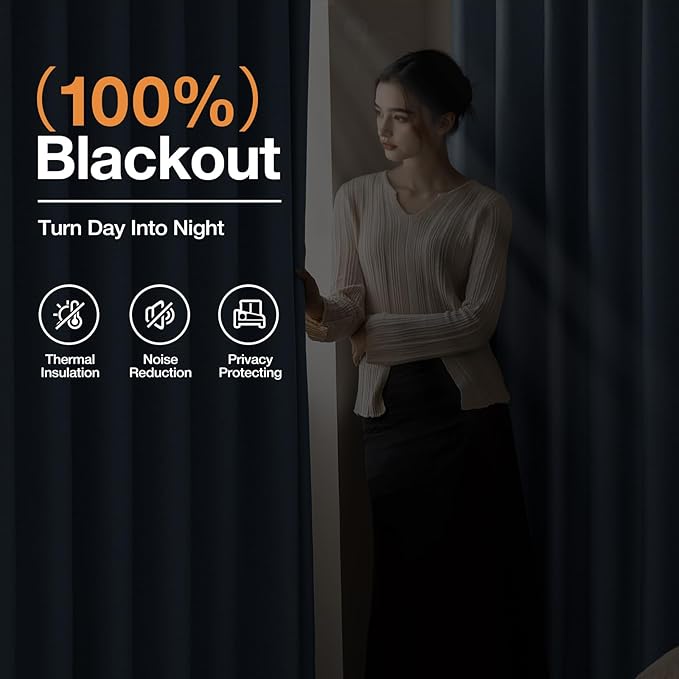 100% Blackout Curtains 108 inch Length 2 Panels for Living Room, Linen-Look Textured Room Darkening Thermal Insulated Soundproof Farmhouse Drapes for Bedroom (W52xL108, Blue)