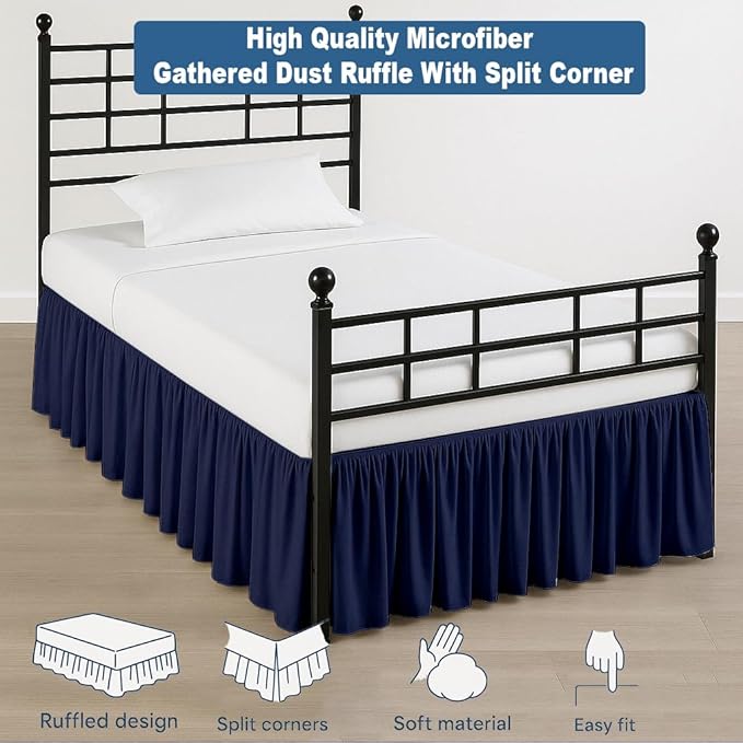 Ruffled Bed Skirt Split Corners with Platform, Tailored Fit Hotel Quality Wrinkle Free Ultra-Soft Microfiber Dust Ruffle, Upto 21 Inch Drop, Full, Navy Blue