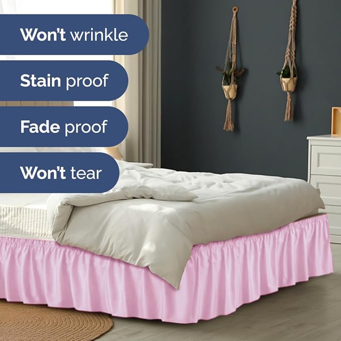 Wrap Around Dust Ruffle Bed Skirt - Light Pink - for King Size Beds with 24 Inch Drop - Elastic Strap - Adjustable Pleated Bedskirt with Brushed Fabric and Wrinkle Free - for Women, Men, Kids & Teens