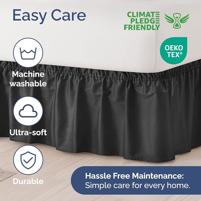 Wrap Around Dust Ruffle Bed Skirt - Black - for Queen Size Beds with 18 Inch Drop - Easy Fit Elastic Strap - Adjustable Pleated Bedskirt w/Brushed Fabric - Wrinkle Free - for Women, Men, Kids & Teens