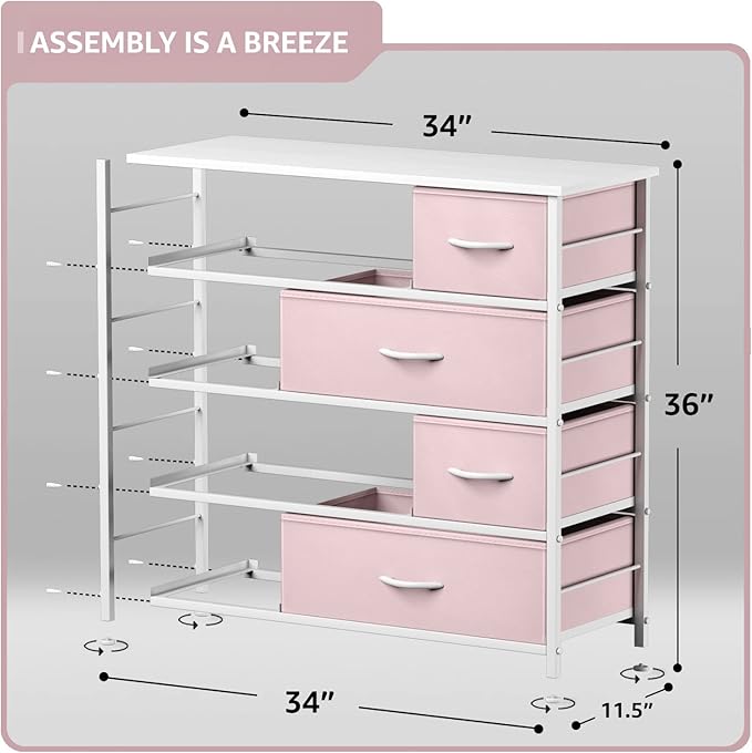Sorbus Dresser with 8 Drawers - Furniture Storage Chest for Kid’s, Teens, Bedroom, Nursery, Playroom, Clothes, Toys - Steel Frame, Wood Top, Fabric Bins (Pink)