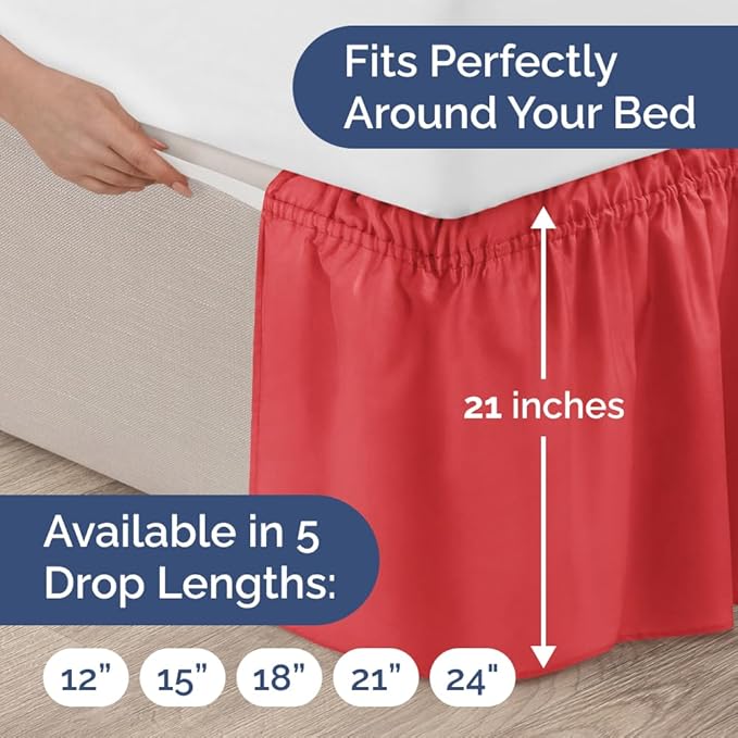Wrap Around Dust Ruffle Bed Skirt - Red - for King Size Beds with 21 Inch Drop - Easy Fit Elastic Strap - Adjustable Pleated Bedskirt w/Brushed Fabric - Wrinkle Free - for Women, Men, Kids & Teens