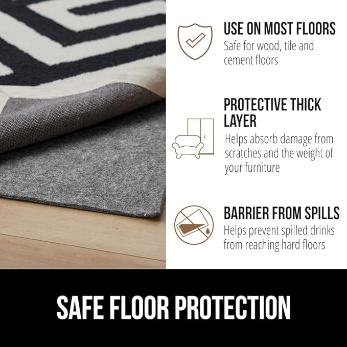 GORILLA GRIP Felt and Natural Rubber Stay in Place Slip Resistant Rug Pad, 1/4in Thick, 5x7 FT Protective Padding Under Area Rugs, Cushioned Gripper Pads, Carpet Runners, Hardwood Floors Protection