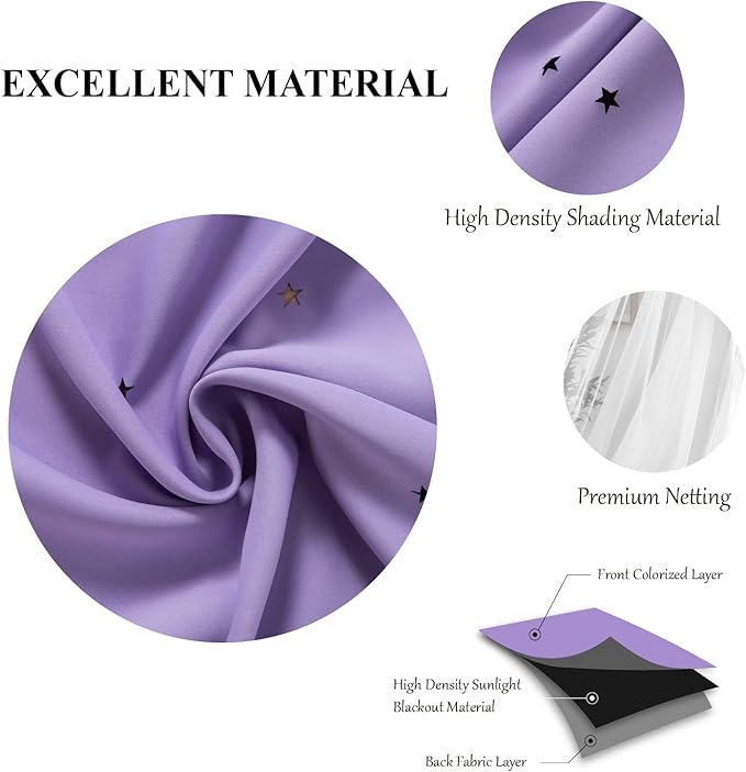 Stars Double Layer Blackout Curtains for Bedroom Kids - Cute Purple Curtains, 2 Panels Set, 52 X 72 Inches