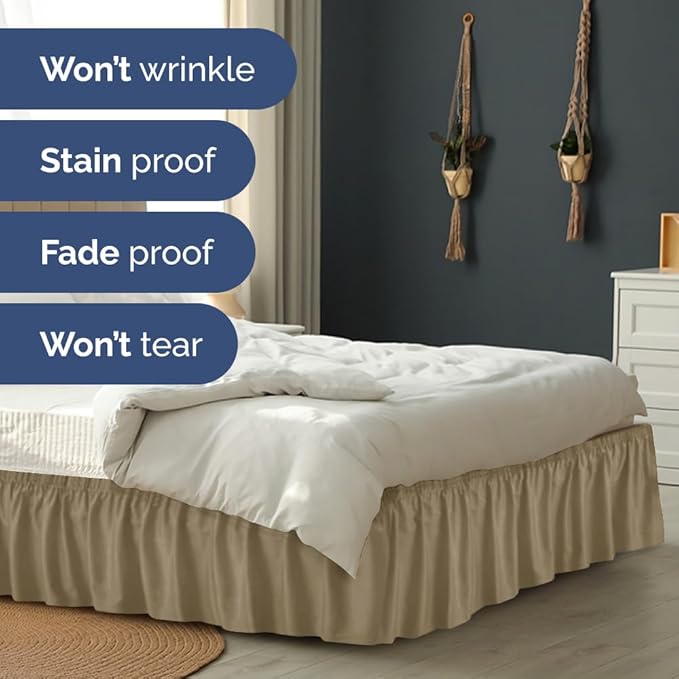 Wrap Around Dust Ruffle Bed Skirt - Khaki - for King Size Beds w/ 15 Inch Drop - Easy Fit Elastic Strap - Adjustable Pleated Bedskirt w/Brushed Fabric - Wrinkle Free - for Women, Men, Kids & Teens