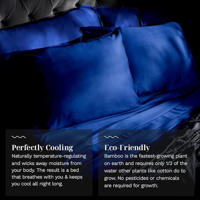 LUXOME Luxury Sheet Set | 100% Rayon (Viscose) from Bamboo | Queen Size - Sapphire | Deep Pockets | 4-Piece Set (Fitted, Flat, 2 Pillowcases)