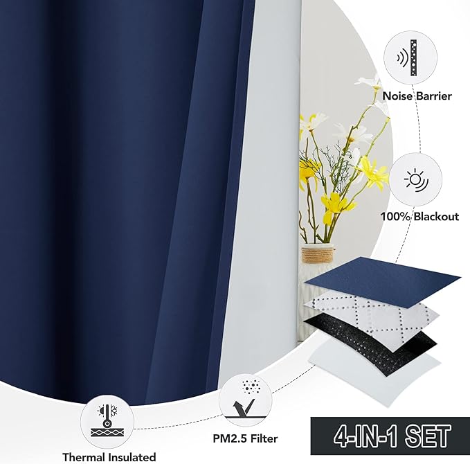 RYB HOME Particle Filtering Curtains Total Blackout Noise Reducing Window Treatment Dust Filter Thermal Insulated Drapes for Studio Laundry Room Furance, Navy Blue, W52 x L63 inch, 2 Panel