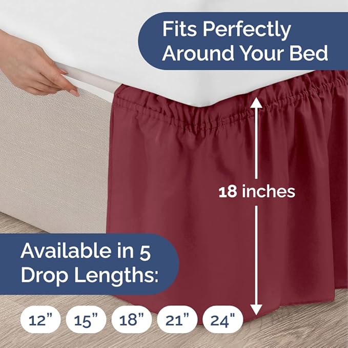 Wrap Around Dust Ruffle Bed Skirt - Burgundy - for Queen Size Beds with 18 Inch Drop - Elastic Strap - Adjustable Pleated Bedskirt with Brushed Fabric and Wrinkle Free - for Women, Men, Kids & Teens