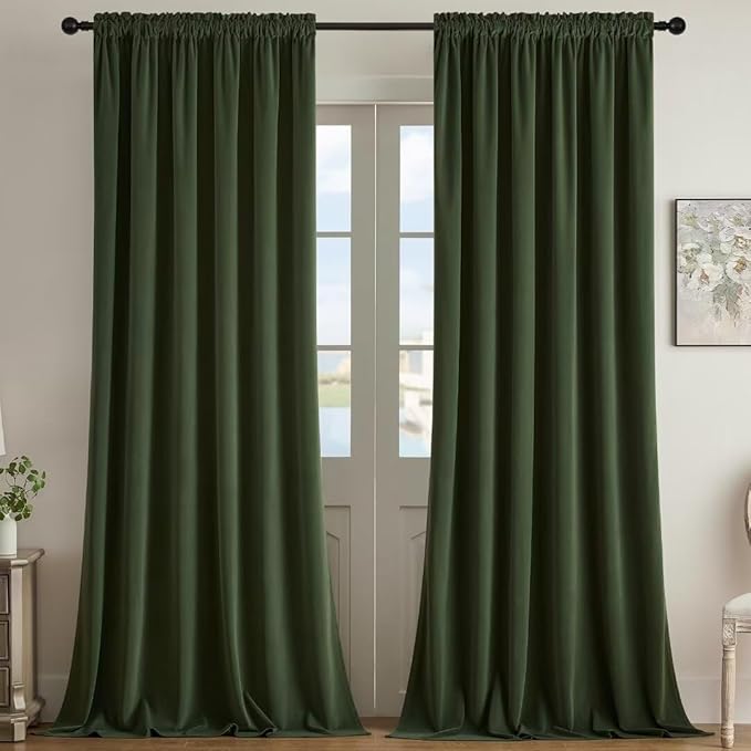 Joydeco Dark Olive Velvet Curtains 108 inch Length 2 Panels, Luxury Blackout Rod Pocket Thermal Insulated Window Curtains, Super Soft Room Darkening Drapes for Living Room Bedroom,W52 x L108 inches