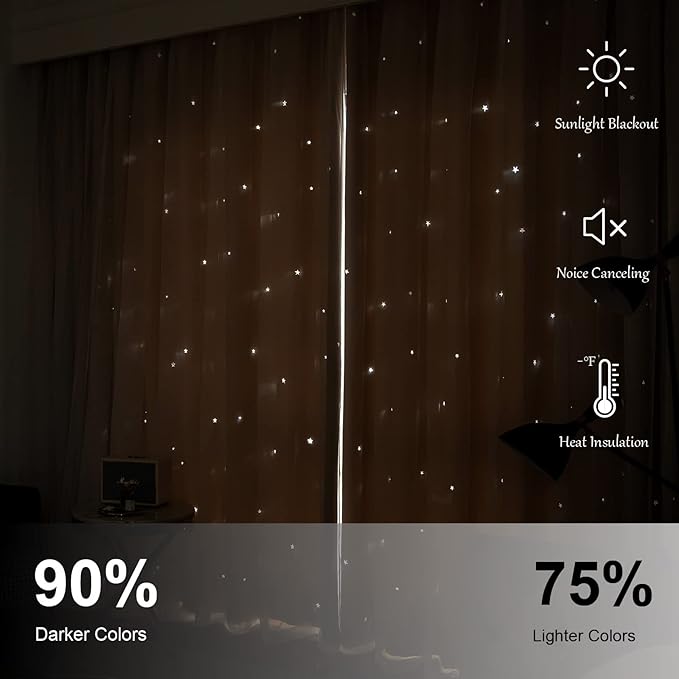 Star Double Layer Blackout Curtains for Bedroom Kids, Cute, 63 Inches Long 2 Panels Set, Beige, 42 X 63 Inches