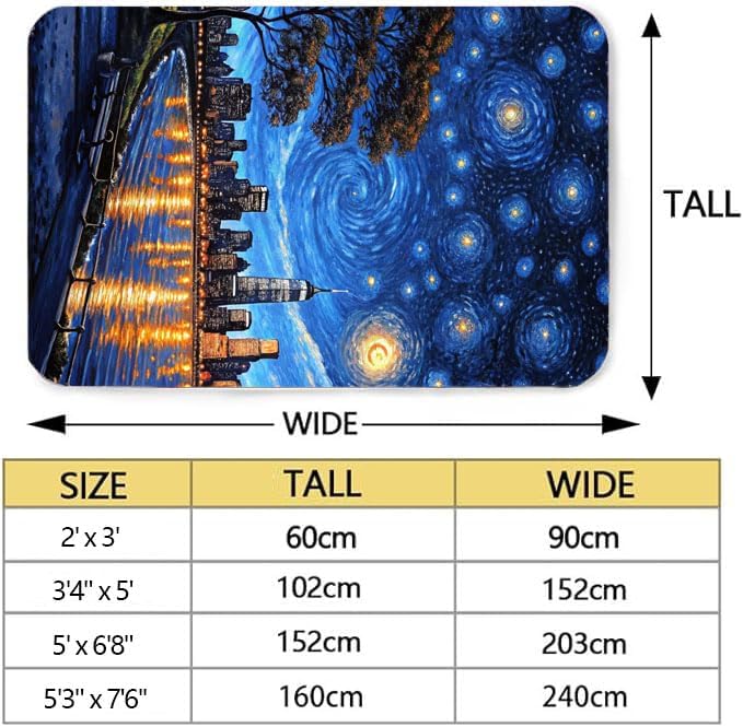 Machine Washable 5' x 8' Oil Painting-Style Area Rug, Bule Floor mat, Suitable for bedrooms, Girls' Room Bedside, Living Room, Dining Room, Office, Non-Slip Low-Pile Stars and Swirls Carpet