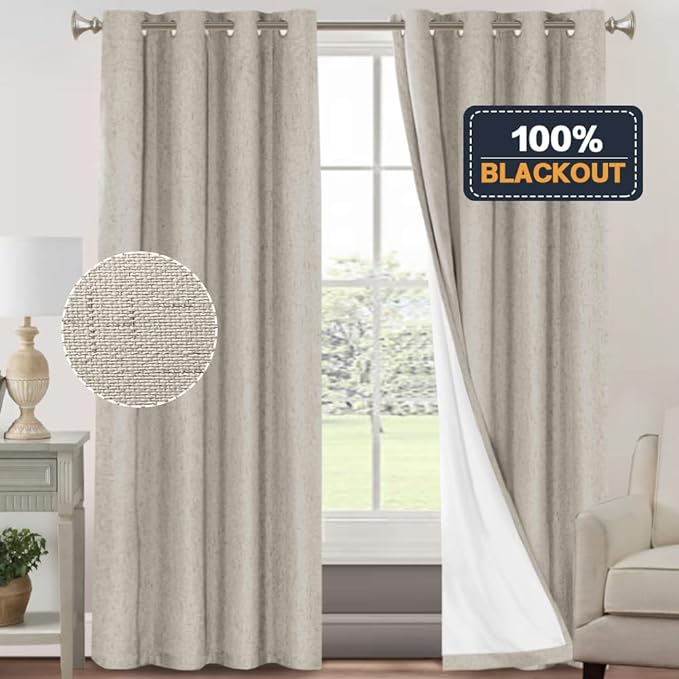 PrinceDeco 100% Blackout Curtains Linen Blackout Curtains 84 Inches Long for Dining Room Grommet Soundproof Window Treatment Drapes for Hall Room, 52" Wide Per Panel, Set of 2，Cobblestone