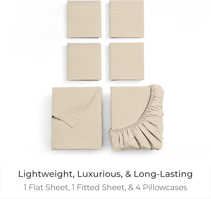 Mellanni King Sheet Set - 6-Piece Iconic Collection Bedding, (Including 4 Pillowcases), 16-Inch Deep Pocket, Easy Care, Extra Soft, Cooling Sheets, Brushed Microfiber - Beige