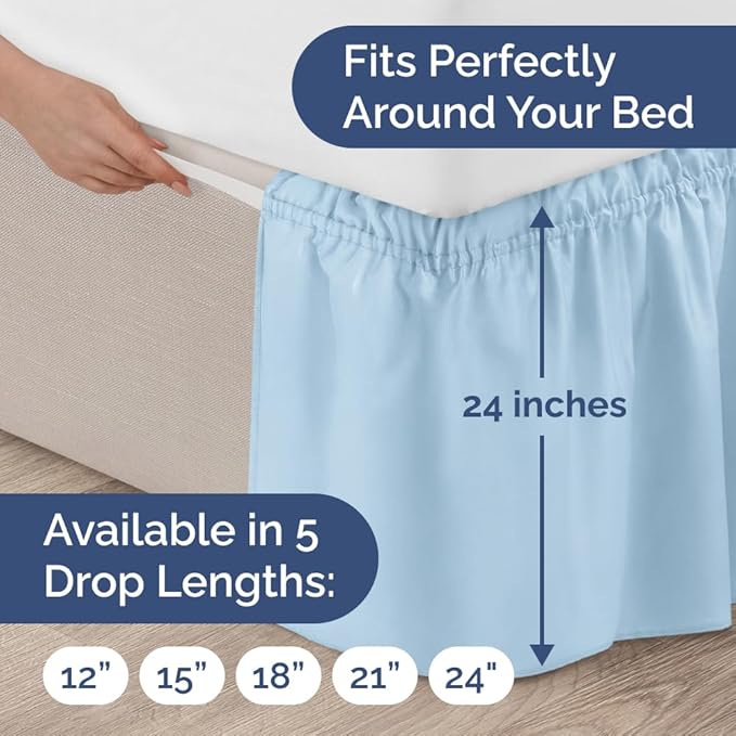 Wrap Around Dust Ruffle Bed Skirt - Light Blue - for Full Size Beds with 24 Inch Drop - Elastic Strap - Adjustable Pleated Bedskirt with Brushed Fabric and Wrinkle Free - for Women, Men, Kids & Teens