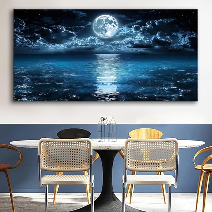 Huaaliunn Big Moon Canvas Wall Art - Modern Seascape Paintings for Living Room, Bedroom Wall Decor, Large Wall Art for Home or Office Decoration 75x150cm(30x60in)