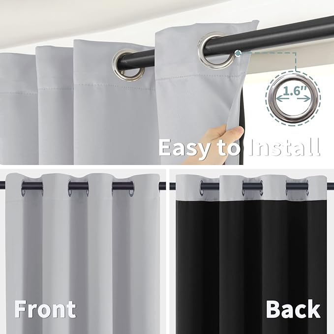 BGment Thermal Insulated 100% Blackout Curtains for Bedroom with Black Liner, Double Layer Full Room Darkening Noise Reducing Grommet Curtain (38 x 84 Inch, Light Grey, 2 Panels)