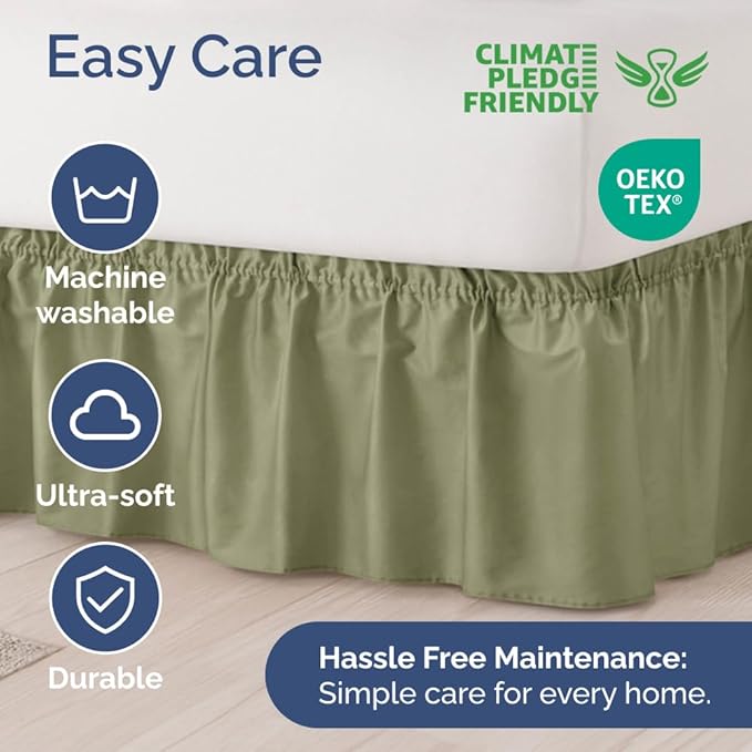 Wrap Around Dust Ruffle Bed Skirt - Sage Green - for Queen Size Beds with 21 Inch Drop - Elastic Strap - Adjustable Pleated Bedskirt with Brushed Fabric and Wrinkle Free - For Women, Men, Kids & Teens