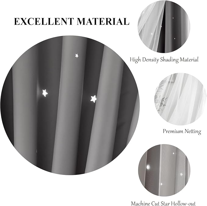 Star Blackout Double Layer Curtains - Cute Kids Bedroom & Nursery Curtains, 63 Inch Length, 2 Panels, Grey