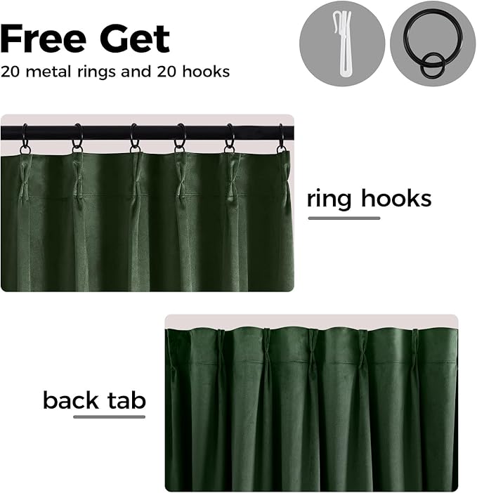 Pinch Pleated 100% Blackout Curtains for Bedroom, Olive Green Velvet Curtains for Living Room, Black Out Curtain 84 inch Long Room Darkening, Blackout Pinch Pleat Drapes with Hooks 2 Panels