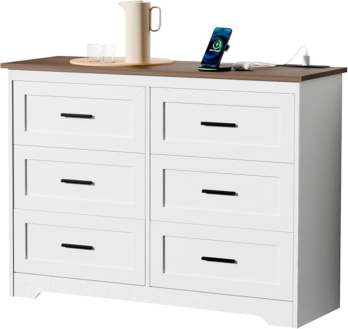 GEPELCN Farmhouse Dresser for Bedroom 6 Drawers Dresser with Power Outlets Rustic Chest of Drawers with Natural Texture White Organizer for Living Room Hallway