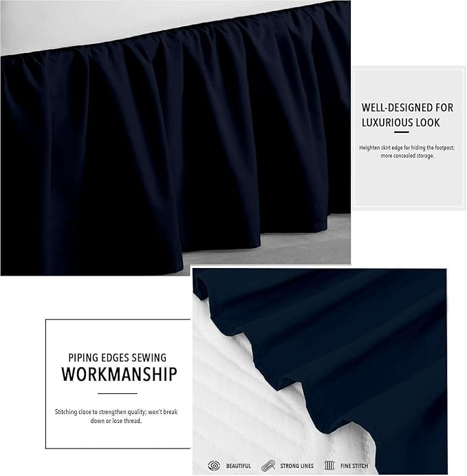 Navy Blue Solid Ruffled Bed Skirt Full-28 Inch Drop Split Corner, Microfiber Bedskirt with Platform Three Sided Coverage
