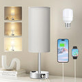 Fenmzee Light Grey Table Lamp for Nightstand - 3 Way Dimmable Touch Bedside Lamp USB C and A Charging Ports and AC Outlet, Small Desk Lamp with Silver Base for Office Nursery, LED Bulb Included