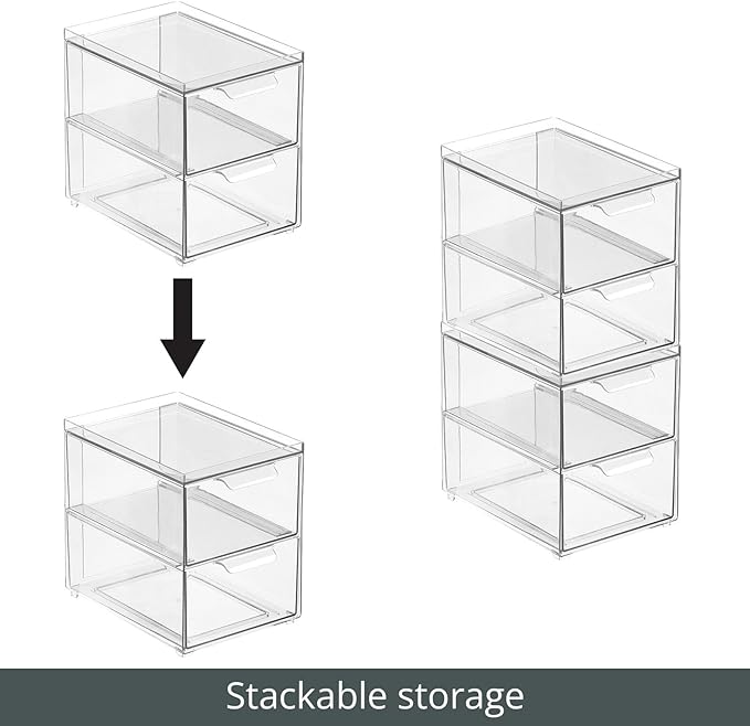 mDesign Stackable Storage Containers Box with 2 Pull-Out Drawers - Stacking Plastic Drawer Bins for Master or Guest Bathroom, Linen Closet, Vanity, or Makeup Table - Lumiere Collection - 8 Pack, Clear