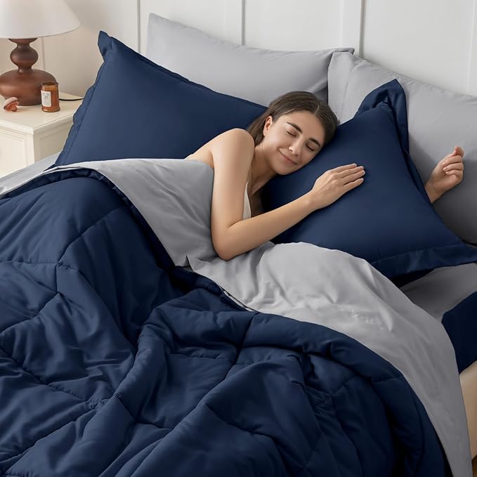 JOLLYVOGUE Twin XL Comforter Set, Ultra-Soft Bed in a Bag Twin XL Size 5 Pieces, Oeko-TEX Certified Bedding Set with Down Alternative Comforter, Sheets, Pillowcases & Shams, Navy Blue & Light Grey