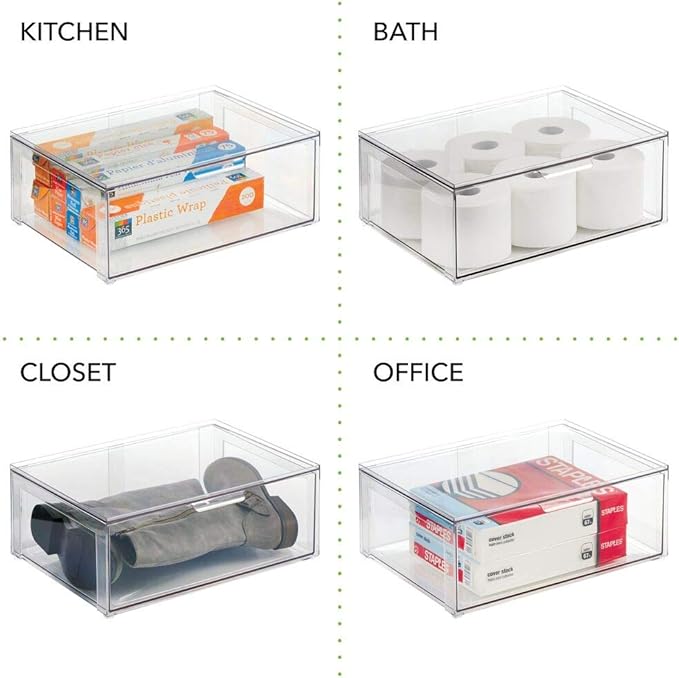 mDesign Plastic Stackable Closet Storage Organizer Bin Containers with Front Pull Drawer for Cabinet, Desk, Shelf, Cupboard, or Dresser Organization - Lumiere Collection - Clear