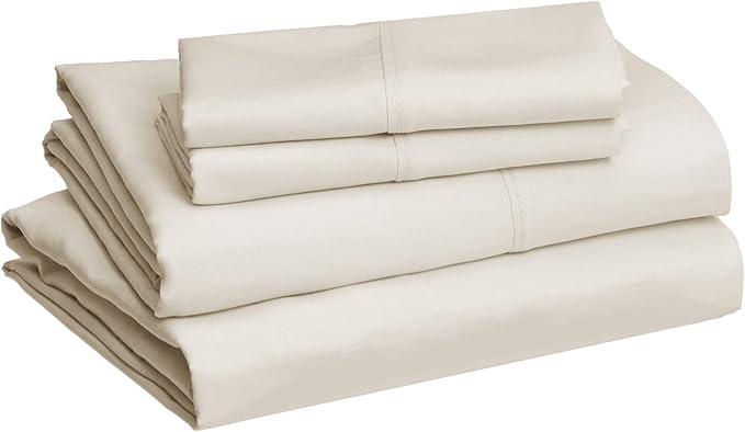 Amazon Basics Lightweight, Wrinkle-Free, Breathable Microfiber 4 Piece Bed Sheet Set with 14-Inch Deep Pockets, Full, Beige, Solid