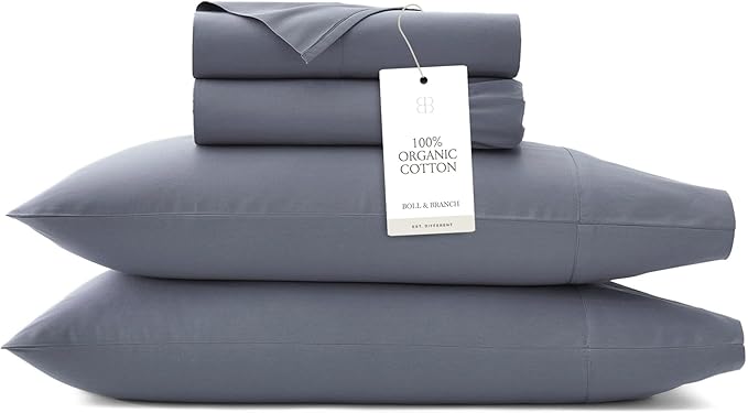 BOLL & BRANCH Signature Hemmed Sheet Set - Twin XL, Mineral - Luxury 100% Organic Cotton - Includes 1 Flat, 1 Fitted, 2 Pillowcases - Buttery Soft