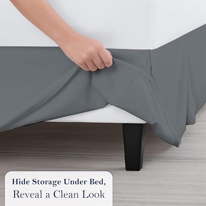 King Bed Skirt, Luxury 21 Inch Drop Dark Grey Pleated Bed Skirt, Double Brushed Microfiber, Box Pleat Design, Wrinkle & Fade Resistant, Easy Fit Tailored Bedskirt for King Size Beds