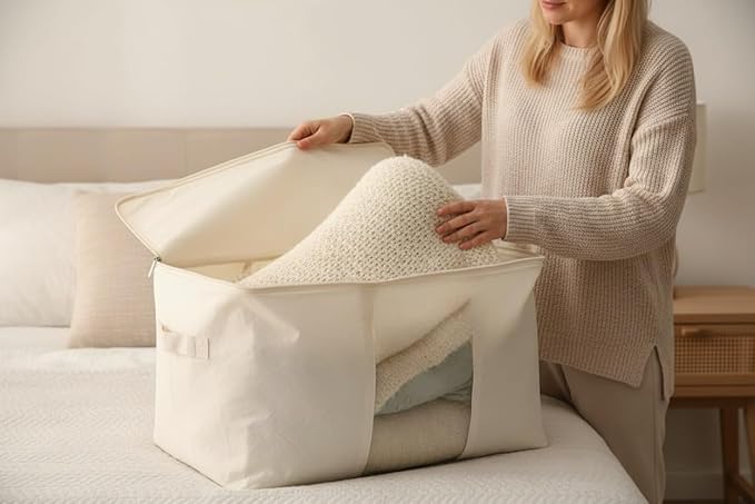 Soft Large Canvas Comforter Storage Bags with Four Carrying Handles and Clear Window, Closet Organizer for Clothing, Blankets Sheets Pillows and Bedding, 80L, 3 Pack, Beige