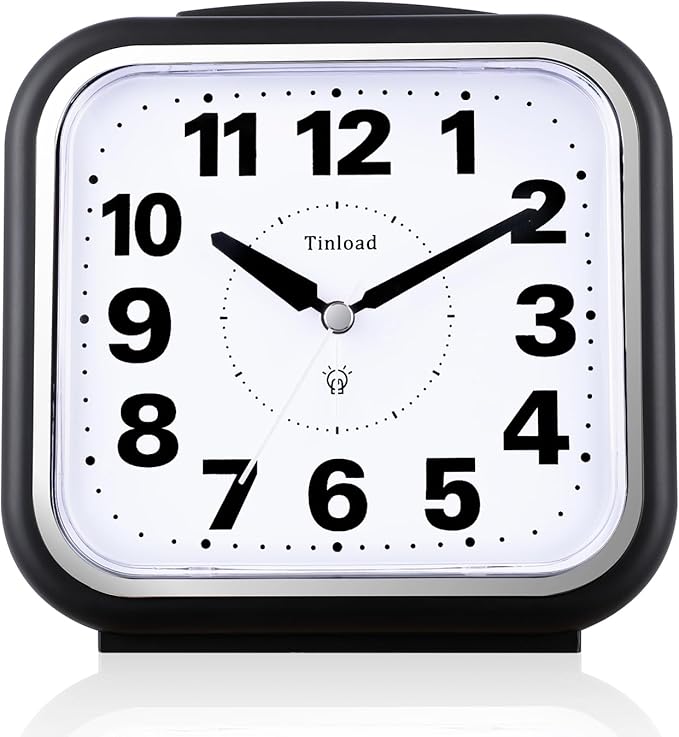 5.5" Large No Ticking Analog Alarm Clock,Silent Readable for Seniors,Easy to Set,Gradual Rise Alarm,Big Numbers,Gentle Wake,Snooze, Lighted on Demand,Battery Operated,Black