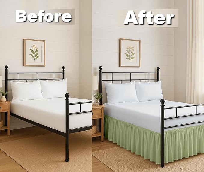Ruffled Bed Skirt Split Corners with Platform, Tailored Fit Hotel Quality Wrinkle Free Ultra-Soft Microfiber Dust Ruffle, Upto 16 Inch Drop, Queen, Sage