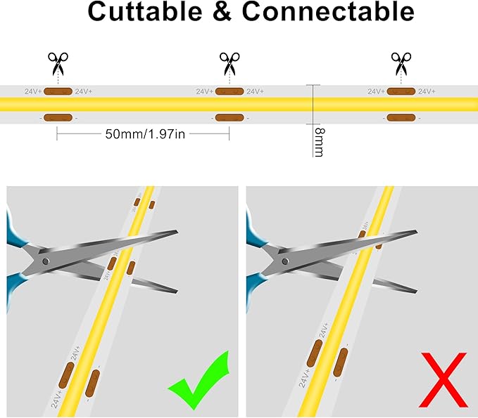 COB LED Strip,LED Strip Lights 3M/9.84ft,Touch Dimmable LED Strips,CRI90+,6000K Natural White cob led,1600LEDs,24V LED Tape Lights,Indoor for Bedroom, Kitchen, TV, Mirror,Cabinet