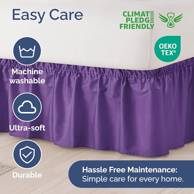 Wrap Around Dust Ruffle Bed Skirt - Purple - for Queen Size Beds with 18 Inch Drop - Easy Fit Elastic Strap - Adjustable Pleated Bedskirt w/Brushed Fabric Wrinkle Free - for Women, Men, Kids & Teens