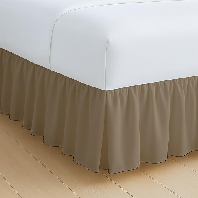 Rajlinen Ruffled Bed Skirt Twin, 15 Inch Drop Dust Ruffle with Split Corners, 100% Microfiber Bedskirt with Platform, Three-Sided Coverage Ruffled Gathering Design, Taupe