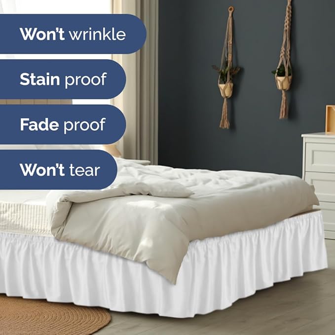 Wrap Around Dust Ruffle Bed Skirt - White - for Full Size Beds with 21 Inch Drop - Easy Fit Elastic Strap - Adjustable Pleated Bedskirt w/Brushed Fabric - Wrinkle Free - for Women, Men, Kids & Teens