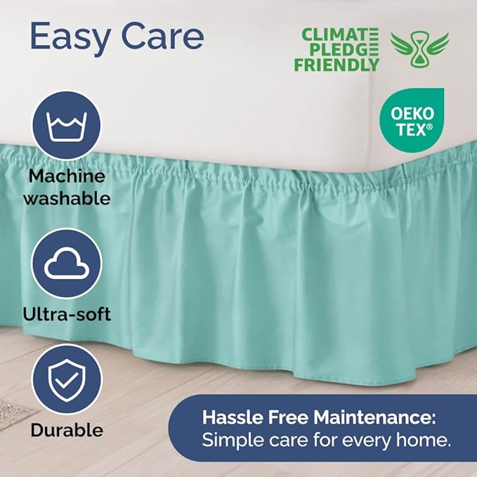 Wrap Around Dust Ruffle Bed Skirt - Spa Blue - for King Size Beds with 24 Inch Drop - Easy Fit Elastic Strap - Adjustable Pleated Bedskirt w/Brushed Fabric Wrinkle Free - for Women, Men, Kids & Teens