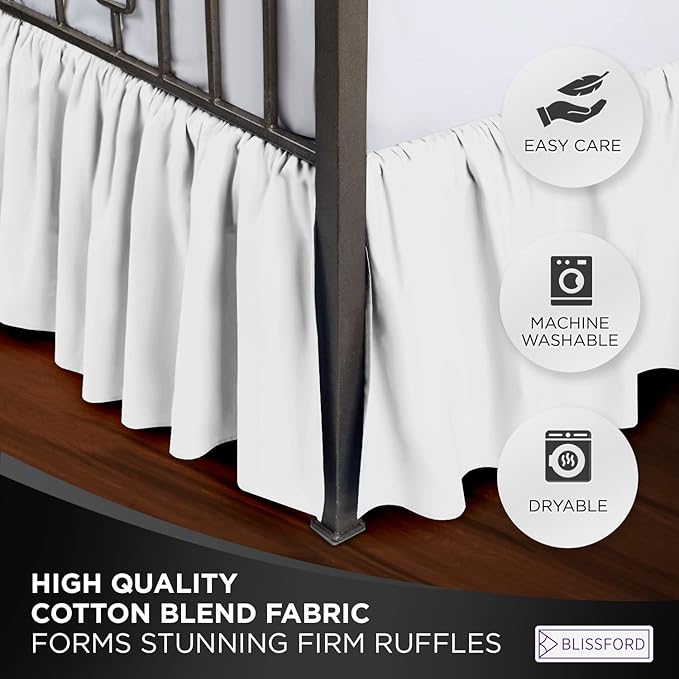 BLISSFORD White Bed Skirt Full Size 14 inch Drop - with Split Corners - Cotton Blend Ruffle Bed Skirt, Dust Ruffle with Platform, White Full Size Bedskirt, Machine Washable