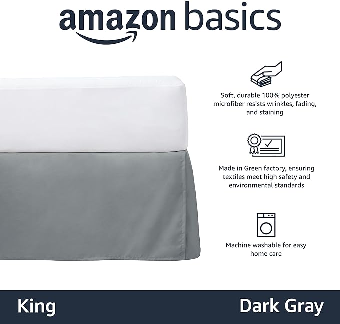 Amazon Basics Lightweight Pleated Bed Skirt, King, Dark Grey, Solid