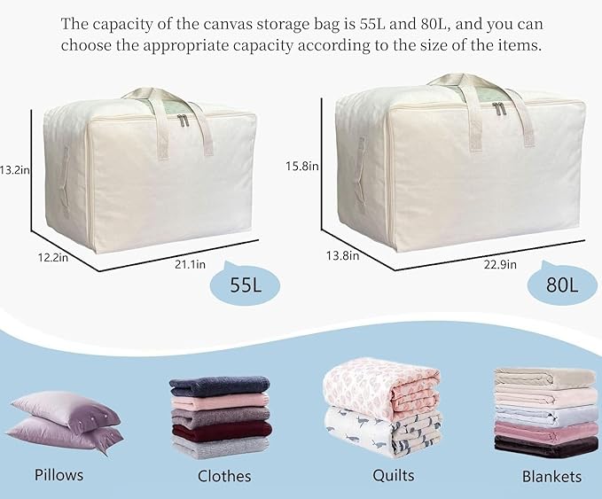 Soft Large Canvas Comforter Storage Bags with Four Carrying Handles and Clear Window, Closet Organizer for Clothing, Blankets Sheets Pillows and Bedding, 80L, 6 Pack, Beige